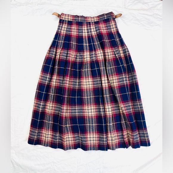 True vintage maroon burgundy navy blue cream wool midi kilt skirt - Picture 3 of 8